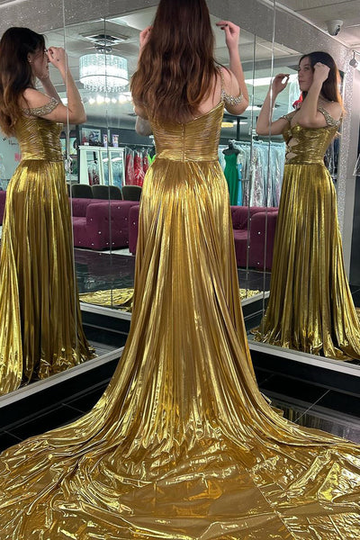 Gold Cold Shoulder Pleated Satin Long Prom Dresses with Slit MD4032602