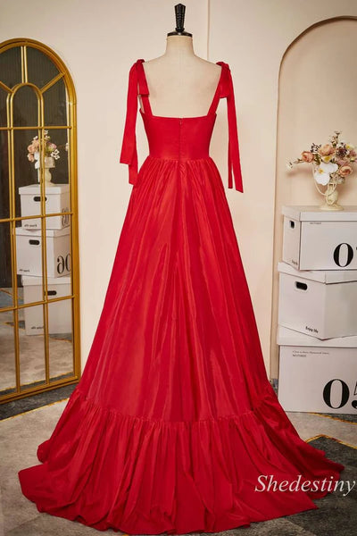 Red Sweetheart Bow Strap A-Line Long Prom Dress MD110904