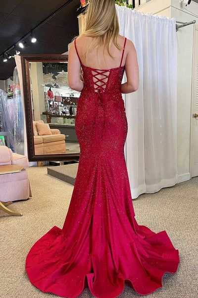 Burgundy Scoop Neck Beaded Mermaid Long Prom Dresses MD4011602