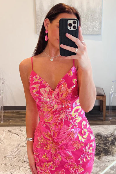 Cute V Neck pINK Sequins Mermaid Long Prom Dress MD4032701