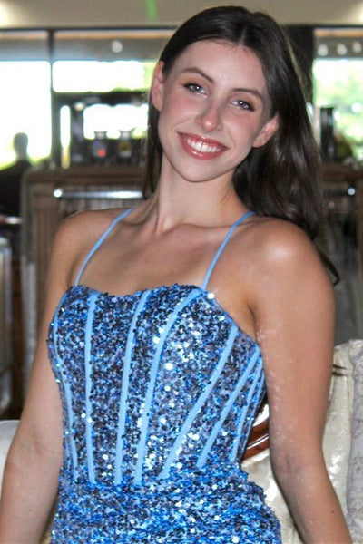 Blue Sequin Lace-Up Short Homecoming Dress with Slit MD091007
