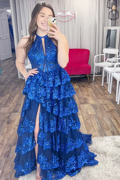 Gorgeous Ball Gown Halter Fuchsia Tulle Long Prom Dresses with Appliques DM24101904