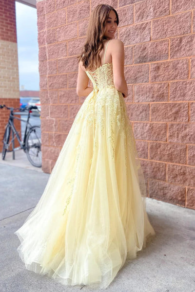 A-Line Tulle Spaghetti Straps Light Yellow Long Prom Dress with Appliques MD092311
