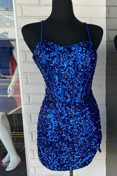 Blue Sequin Lace-Up Short Homecoming Dress with Slit MD091007