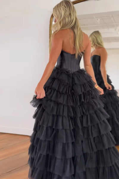 Black Corset Sweetheart A-Line Tiered Long Tulle Prom Dress with Slit DM3082808