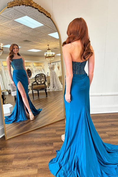 Charming Mermaid Scoop Neck Satin Prom Dresses with Beading MD24092706
