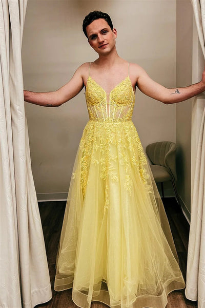 Yellow Floral Spaghetti Straps A-line Long Prom Dress MD121307