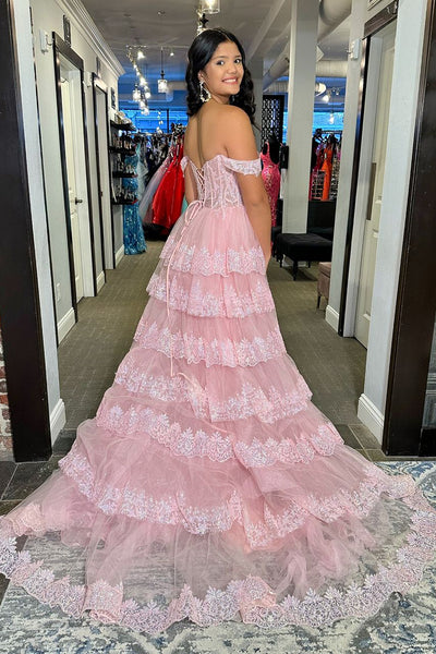 Pink Off the Shulder Tiered Tulle Lace Long Prom Dress with Slit MD120405