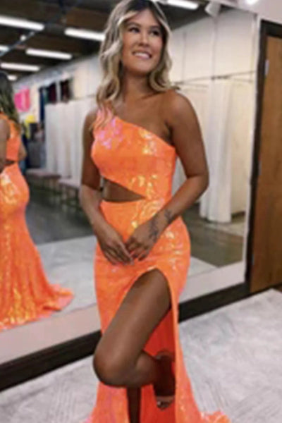 Sparkly Mermaid One Shoulder Orange Sequins Long Prom Evening Dresses with Slit LD30622901