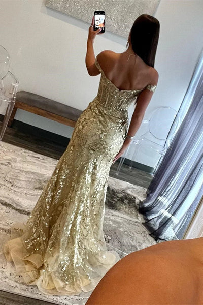 Off-the-Shoulder Gold Sequin Lace Mermaid Long Dress with Slit MD102908