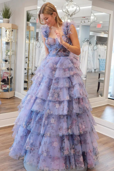 Periwinkle Print Flutter Sleeve Ruffle Tiered Long Prom Dress MD122905
