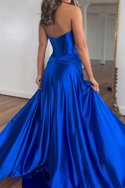 Royal Blue A-Line Corset Satin Long Prom Dress with Slit MD122704