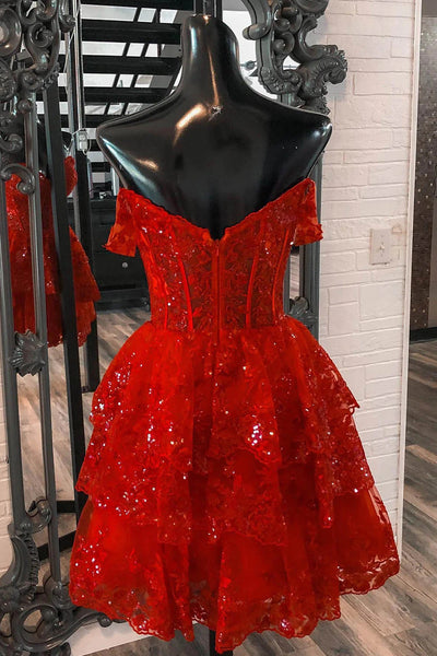 Sparkly Red Corset Tiered Lace A-Line Short Homecoming Dress MD090501