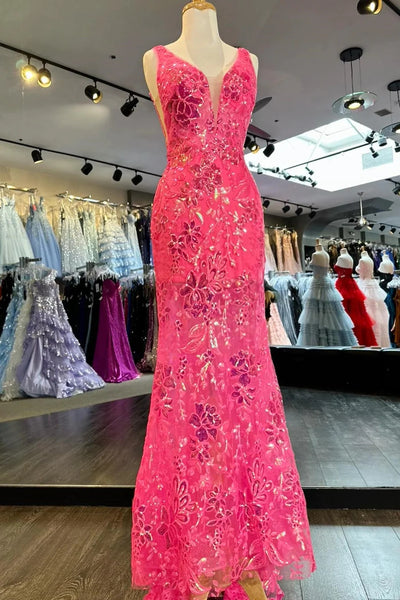 Pink Sequin Appliques Plunge V Mermaid Long Prom Dress MD102907