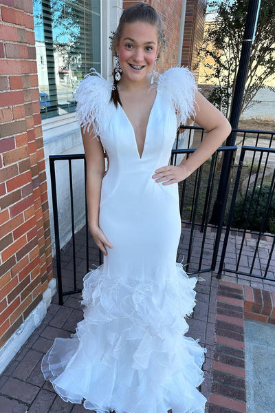 Hot Pink Plunge V Feather Ruffle Multi-Layer Long Prom Dress MD112801