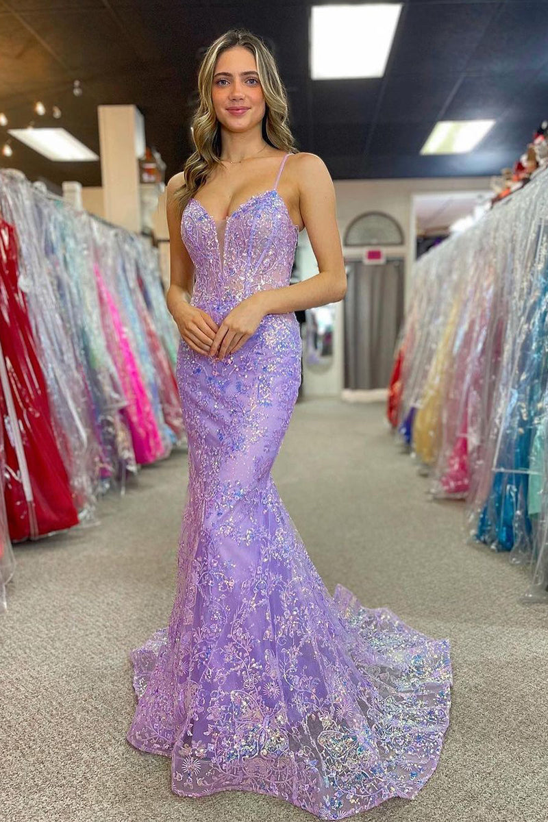 lilac mermaid prom dress Charming V Neck Lilac Sequins Appliques Mermaid Long Prom Dress MD4032702 –  Dressmeet