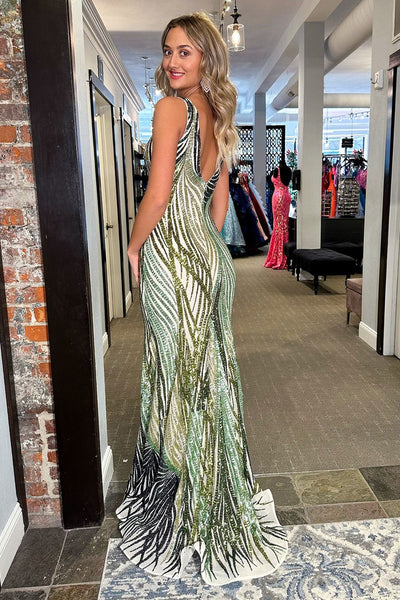 Sage V Neck Sequin Lace Mermaid Long Prom Dress MD123101