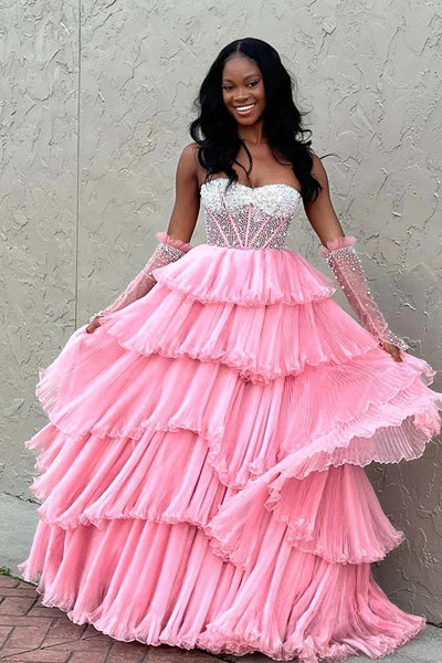 Strapless White Beaded Top Ruffled Long Prom Dress MD110305