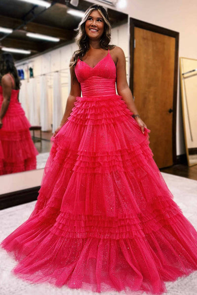 Straps Black V-Neck Pleasted Tiered Long Prom Dress MD110310