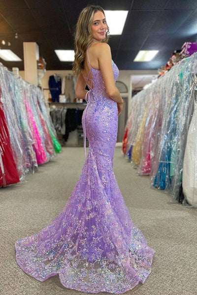Charming V Neck Lilac Sequins Appliques Mermaid Long Prom Dress MD4032702