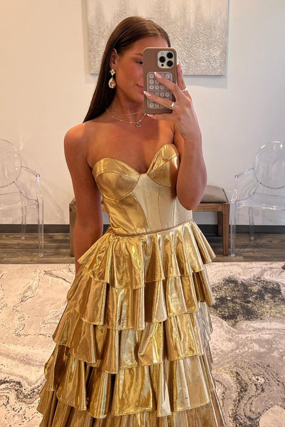 A-Line Strapless Gold Ruffle Tiered Satin Long Prom Dress MD4051601