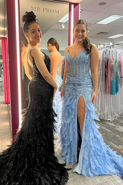 Black V Neck Sequin Lace Mermaid Long Prom Dresses MD120104