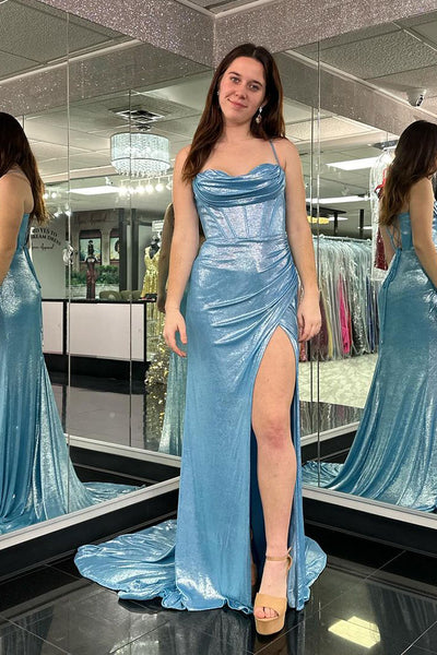 Light Blue Mermaid Cowl Neck Glitter Satin Long Prom Dress MD4012503