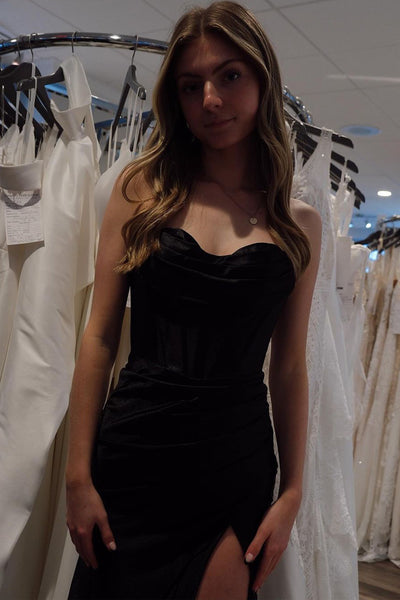 Black Cowl Neck Satin Mermaid Long Prom Dress MD4030801