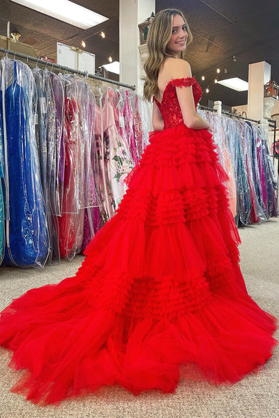 Red Tulle Off-the-Shoulder Ruffle Tiered Long Prom Dress MD112501