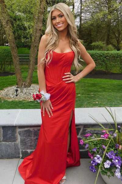 Mermaid Strapless Red Corset Prom Dress with Slit DM3082821