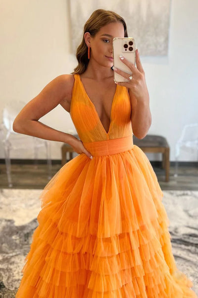 Orange A-Line V-Neck Tulle Long Prom Dress MD100810