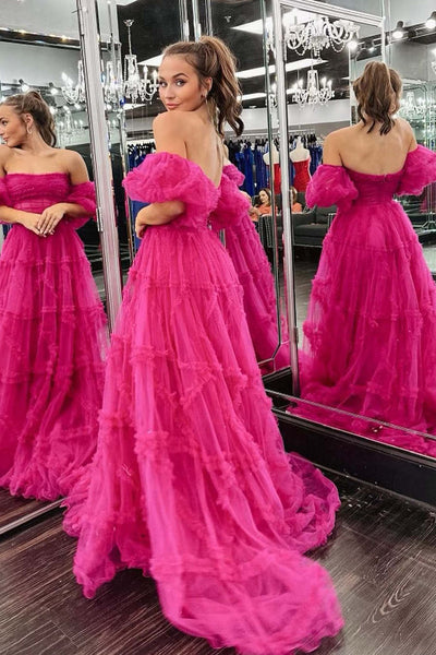 A-Line Strapless Fuchsia Corset Ruffled Long Prom Dress MD110301