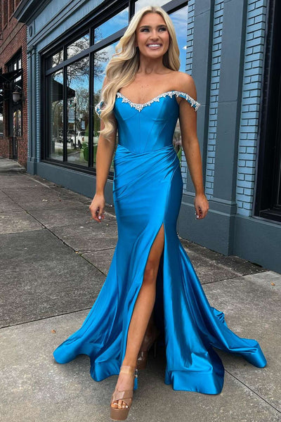 Blue Satin Off the Shoulder Mermaid Beaded Long Prom Dress MD113007