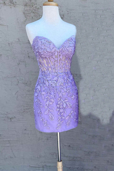 Lavender Cute Bodycon Sweetheart Lace Appliques Short Homecoming Dresses MD091612