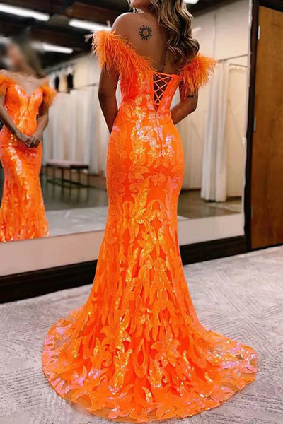 Sparkly Hot Pink Sequins Off the Shoulder Mermaid Long Prom Dress with Feathers MD092807