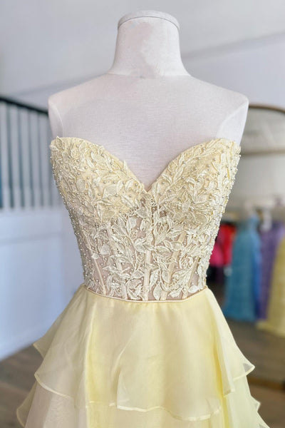 Yellow Appliques Sweetheart Ruffle Tiered A-Line Prom Dress MD112006