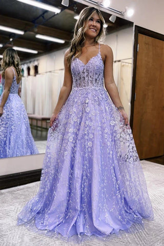 A-Line V Neck Lilac Corset Long Prom Dresses with Appliques MD103106