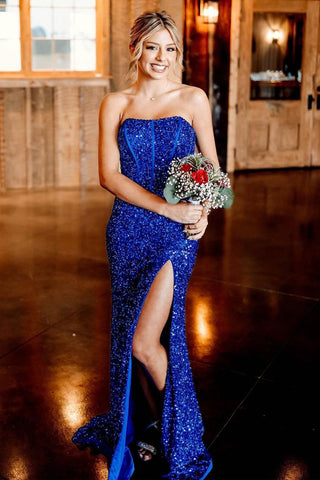 Strapless Royal Blue Sequins Mermaid Long Prom Dress with Slit MD4040104