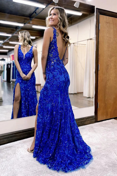 Royal Blue V Neck Sequin Mermaid Long Prom Dress with Slit MD4012806