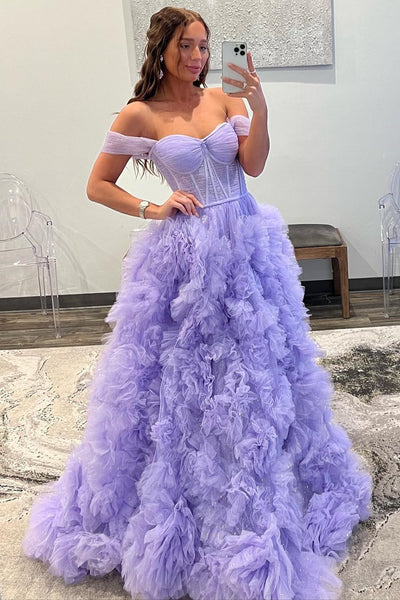 Lavender Tulle Off-the-Shoulder Long Prom Dress with Ruffles MD092402