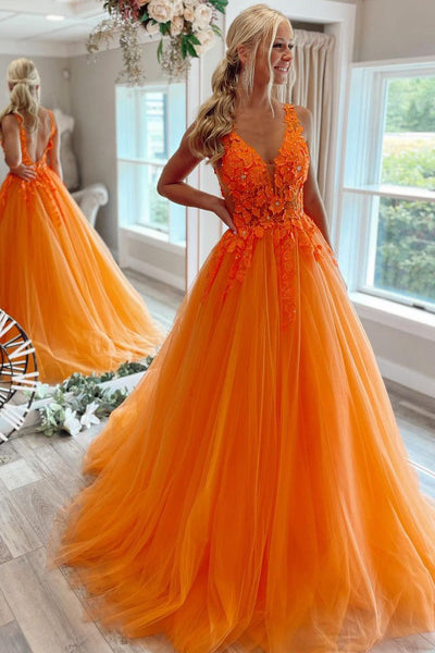 A-Line V Neck Pink Tulle Long Prom Dresses with Appliques MD103103