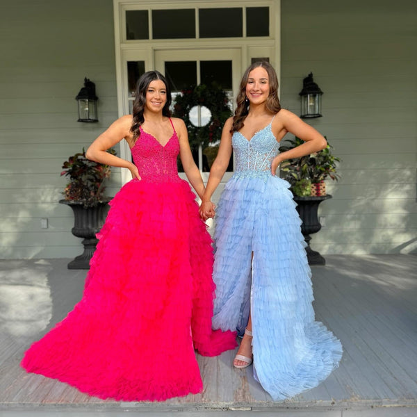 Elegant A-Line V Neck Blue Tulle Appliques Ruffle Tiered Long Prom Dresses Formal Gown with Side Slit DM25101609