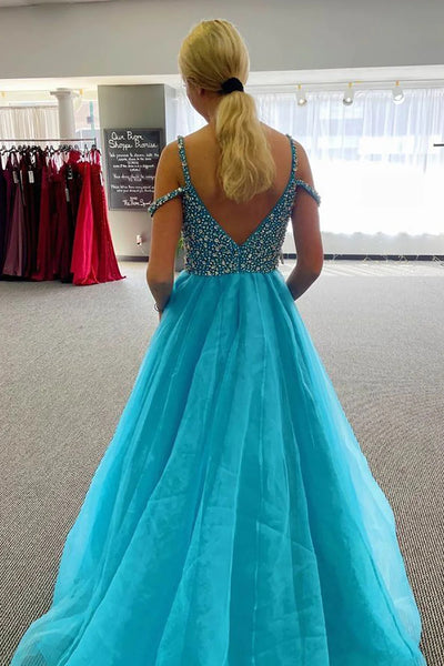 A Line Off the Shoulder Blue Long Prom Dress with Beading MD100207