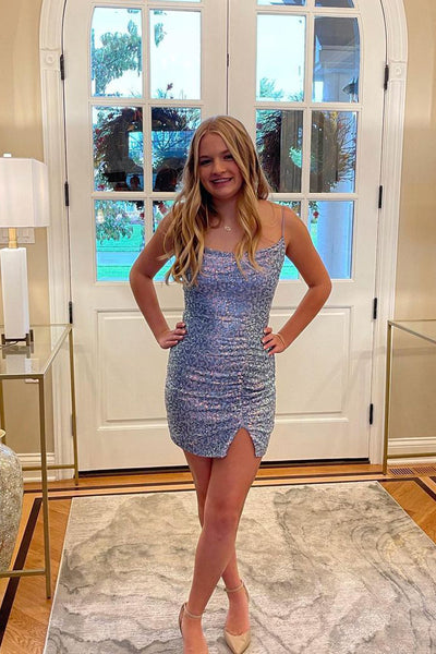 Bodycon Spaghetti Straps Blue Sequins Short Homecoming Dress MD4051703