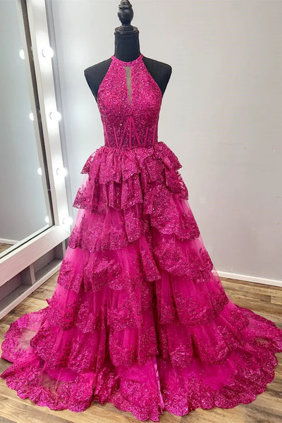 Gorgeous Ball Gown Halter Fuchsia Tulle Long Prom Dresses with Appliques DM24101904