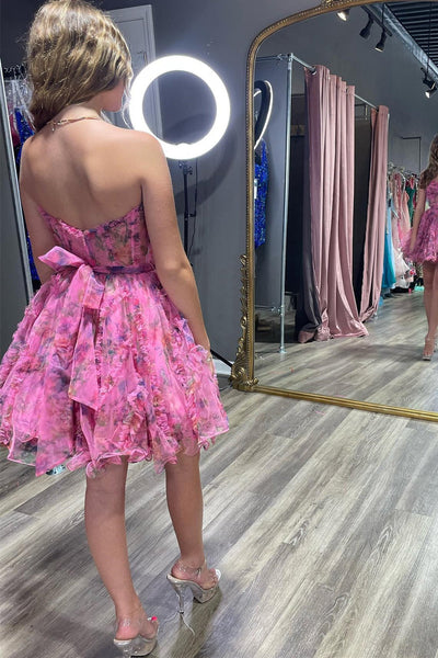 Fuchsia Floral Print Sweetheart A-Line Homecoming Dress LD3063005