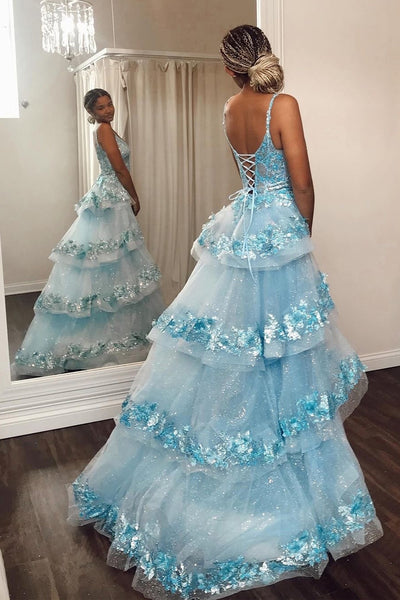 Blue Sequin Lace V-Neck Prom Dress with Attached Train MD112409
