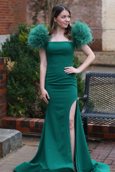 Dark Green Satin Feathered Shoulders Mermaid Long Prom Dress with Slit MD120604
