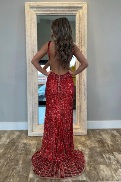 Mermaid V Neck Red Sequin Long Prom Dresses with Slit DM25031901