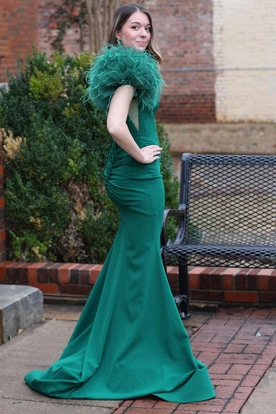 Dark Green Satin Feathered Shoulders Mermaid Long Prom Dress with Slit MD120604